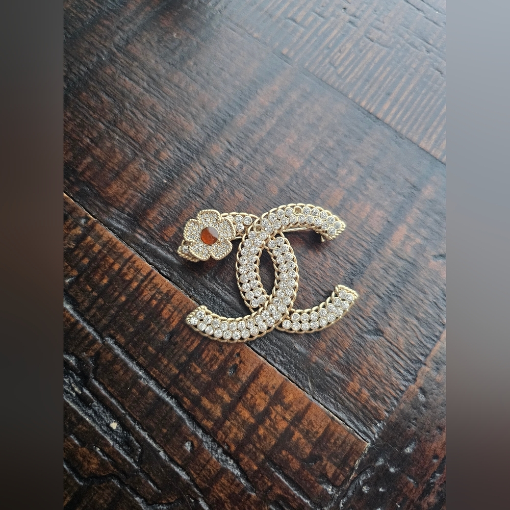 Gold Crystal Double C Brooch with Floral Detail - Picture 1 of 9